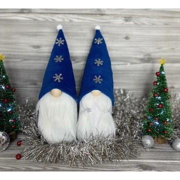 Karácsonyi manó királykék hópihe díszítéssel 30-35 cm – kézzel készített dekoráció