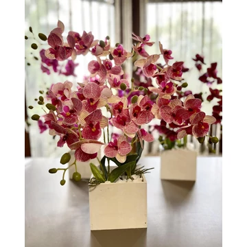 Orchidea bokor rózsaszín-cirmos 8 szálas fadobozban 60-65 cm – élethű dekoráció