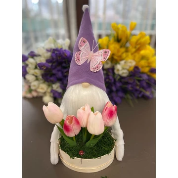 Tavaszi manó lila tulipánnal 30-35 cm kézzel készített dekoráció