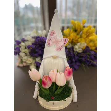 Tavaszi manó fehér tulipánnal 30-35 cm kézzel készített dekoráció