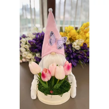 Tavaszi manó rózsaszín tulipánnal 30-35 cm kézzel készített dekoráció