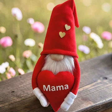 Anyák napi manó Mama feliratú szívvel 40 cm – piros dekor