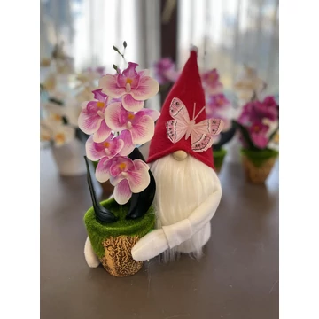 Tavaszi manó cserepes orchideával piros 28-30 cm kézzel készített dekoráció