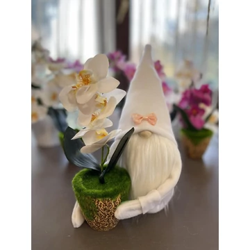 Tavaszi manó cserepes orchideával fehér 28-30 cm kézzel készített dekoráció