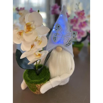 Tavaszi manó cserepes orchideával világoskék 28-30 cm kézzel készített dekoráció
