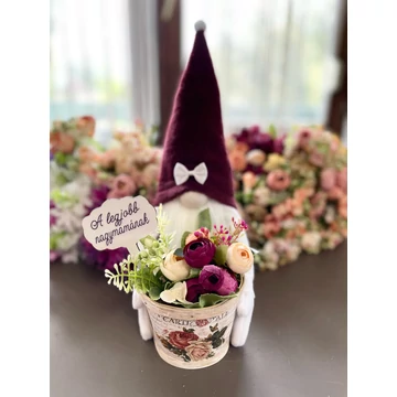 Bordó kaspós manó – kézzel készült dekoráció kaspóval