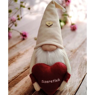 Valentin-napi manó szívvel „Szeretlek” felirattal, bézs-bordó, 45 cm