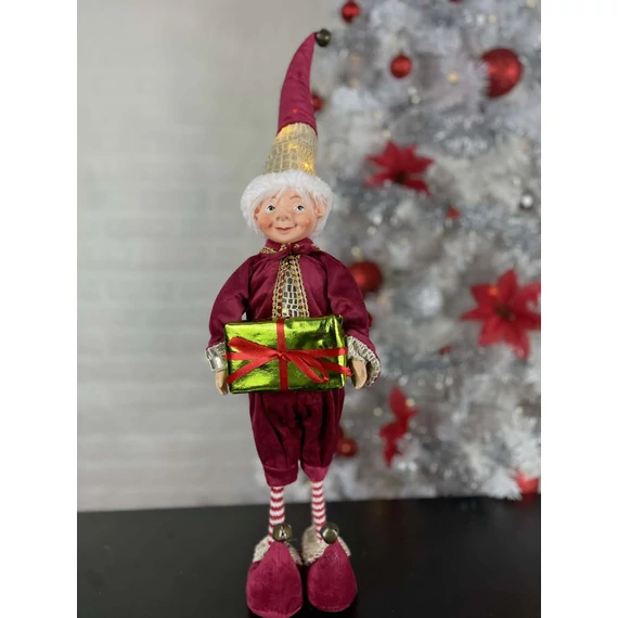 Álló MOSOLYGÓS ELF  FIGURA LEDES SAPKÁBAN / BORDÓ / 60 CM(PRÉMIUM MINŐSÉG)