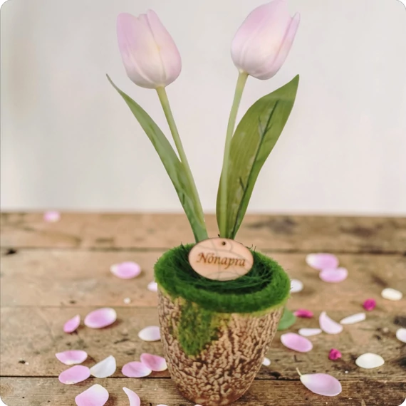 Tulipán dekoráció kaspóban 28 cm halványlila