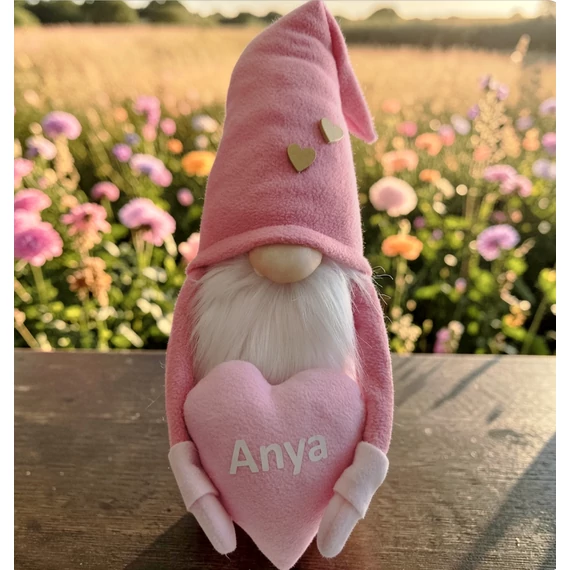 Anyák napi manó Anya feliratú szívvel 40 cm – rózsaszín