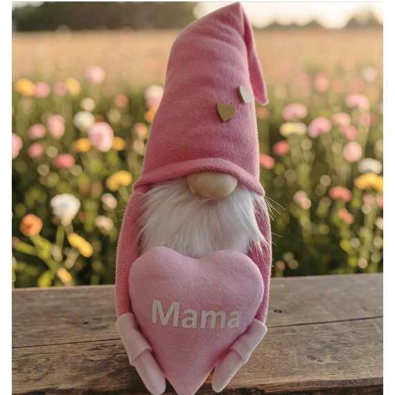 Anyák napi manó Mama feliratú szívvel 40 cm – rózsaszín