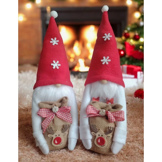 Karácsonyi Manó | Piros |2 FEHÉR Hópihe, zsákvászon zsákkal Rudolf díszítéssel (30-35cm)