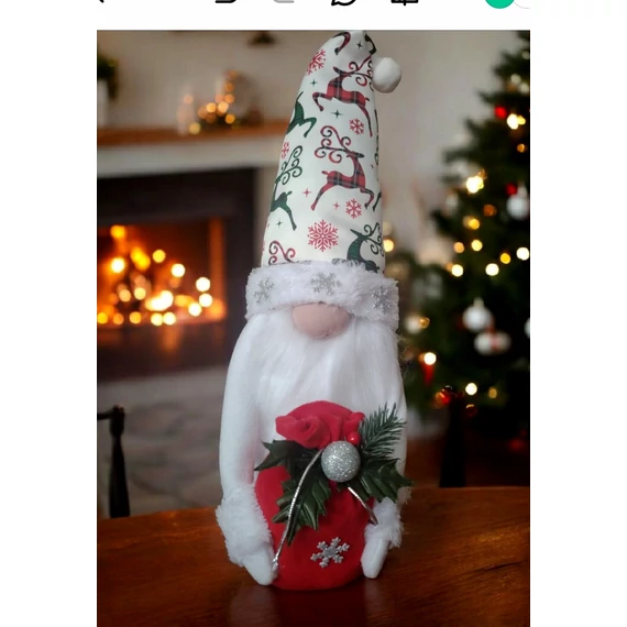 Karácsonyi Manó | Zsákkal | Rénszarvas mintás szatén sapkával | 45 cm